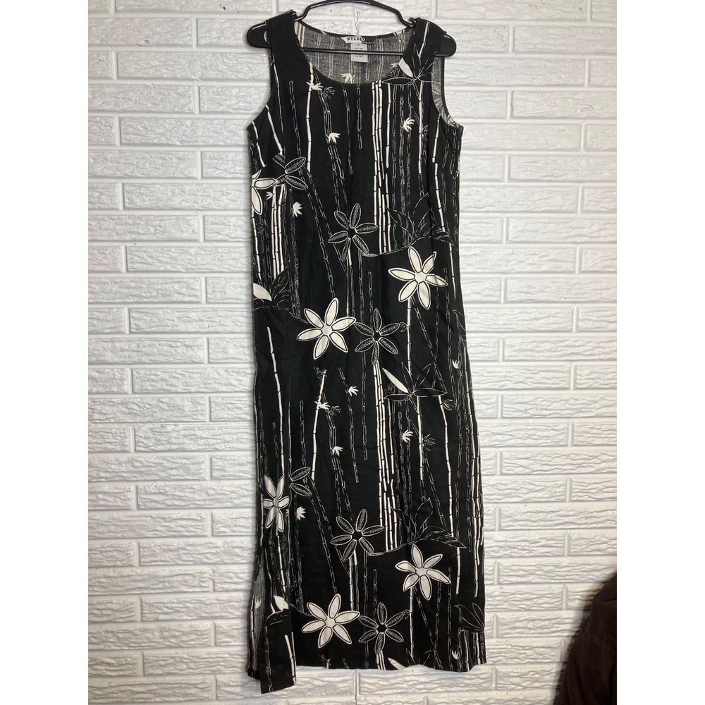 Studio Maxi Dress Womens Small Black White Excellent Linen Tropical Floral Shift